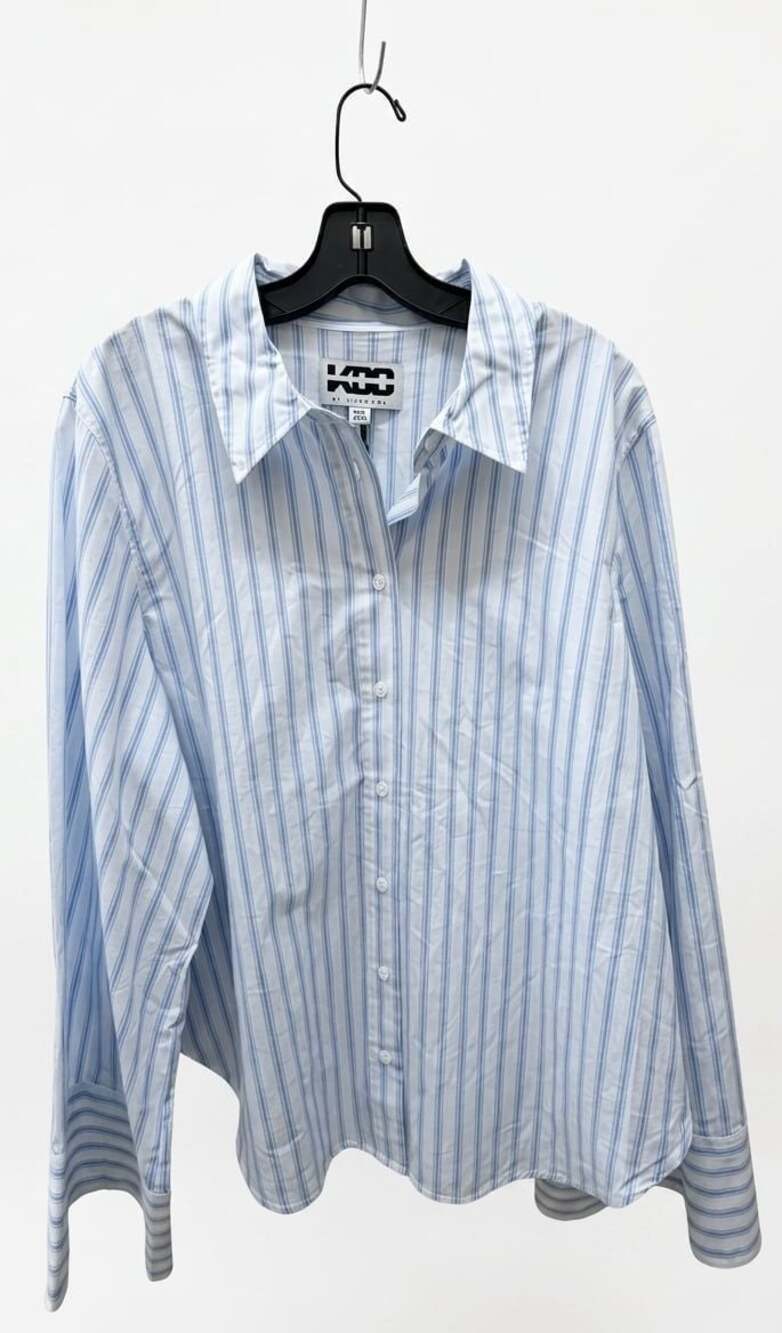 KBB by Kahlana Barfield Brown Blue Striped Button-Front Poplin Shirt